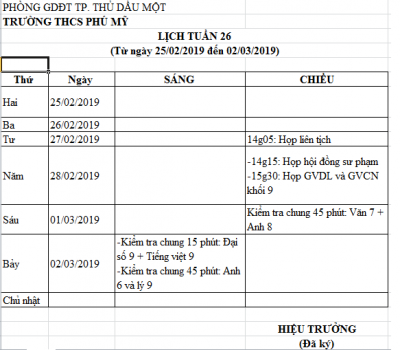 Lịch công tác tuần 26