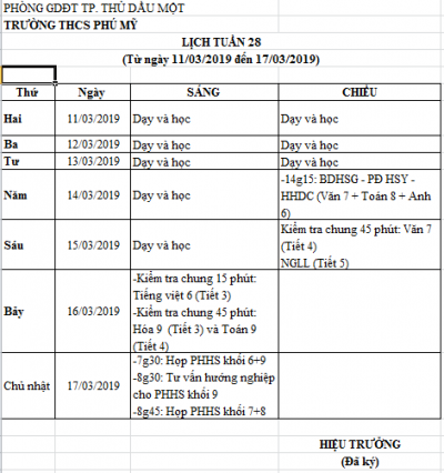 Lịch công tác tuần 28