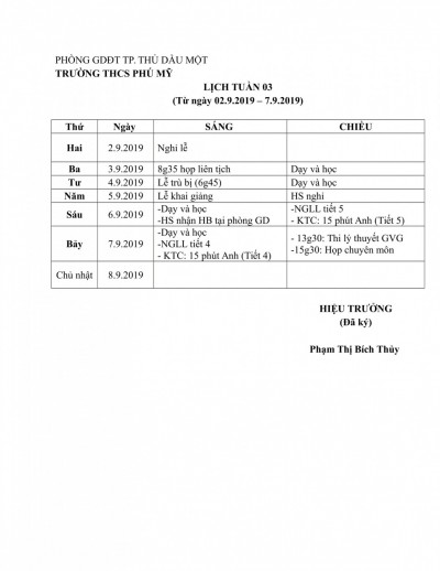 Lịch tuần 03,  NH: 2019 - 2020