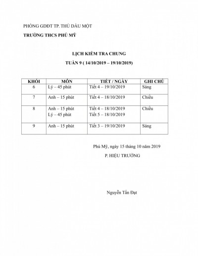 Lịch kiểm tra chung tuần 9 (Từ ngày 14.10.2019 đến 19.10.2019)