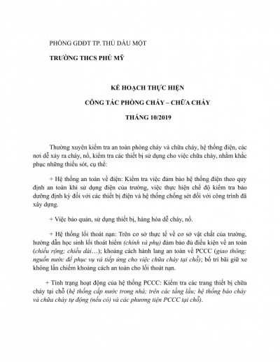 Kế hoạch thực hiện chuyên đề công tác phòng cháy - chữa cháy tháng 10