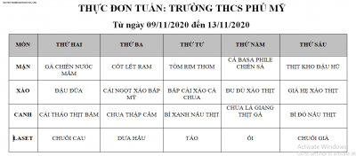 Thực đơn bán trú từ ngày 09.11 đến 13.11.2020