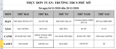 Thực đơn bán trú tuần 11