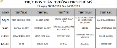 Thực đơn bán trú tuần 13