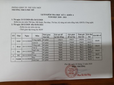 Lịch thi học kỳ I - Năm học 2020 - 2021