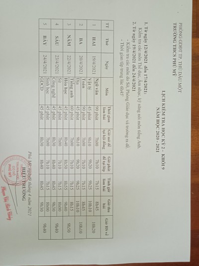 Lịch kiểm tra cuối học kỳ 2  - khối 9 , năm học 2020 - 2021