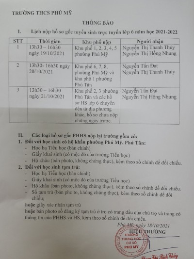 Thông báo lịch nộp hồ sơ gốc tuyển sinh trực tuyến lớp 6, năm học 2021 - 2022