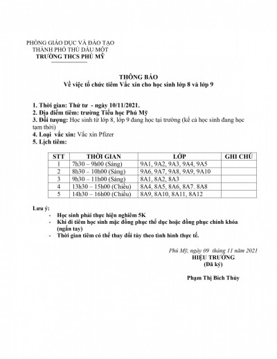 Thông báo tổ chức tiêm Vắc xin cho học sinh lớp 8 và lớp 9