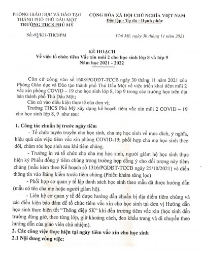 Kế hoạch tiêm Vắc sin mũi 2 cho học sinh lớp 8 và 9
