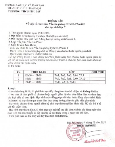 Thông báo tiêm Vắc xin mũi 2 cho học sinh lớp 7