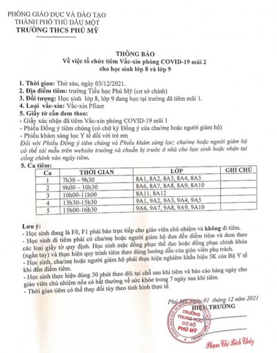 Thông báo tiêm Vắc xin mũi 2 cho học sinh lớp 8 và 9