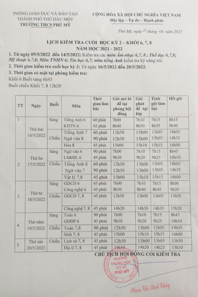 Lịch kiểm tra cuối học kỳ 2, năm học 2021 - 2022