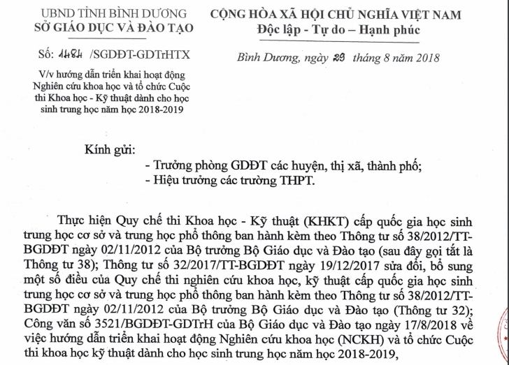 Hướng dẫn triển khai hoạt động Nghiên cứu khoa học và tổ chức Cuộc thi Khoa học-Kỹ thuật dành cho học sinh trung học năm học 2018-2019