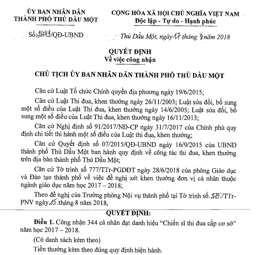 Kết quả Thi đua - Khen thưởng Năm học : 2017 - 2018