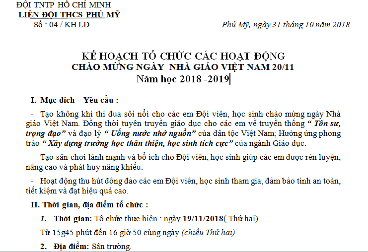 Kế hoạch chào mừng ngày 20.11 của Liên đội