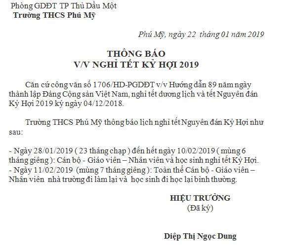 THÔNG BÁO V/V NGHỈ TẾT KỶ HỢI 2019