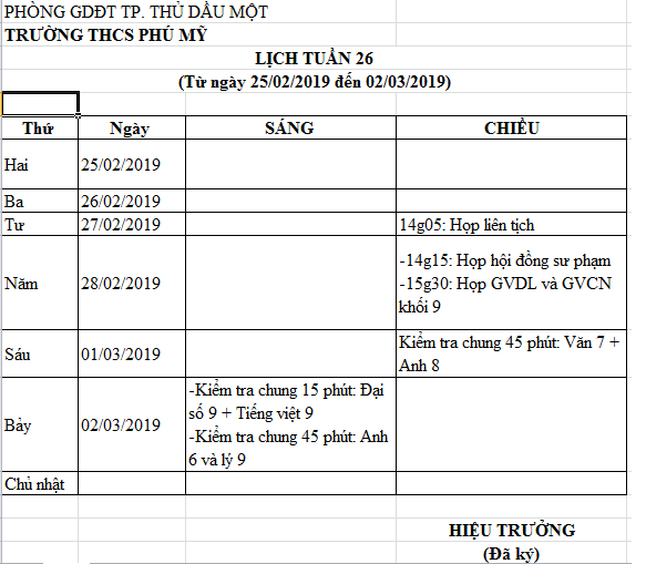 Lịch công tác tuần 26