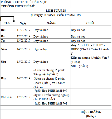 Lịch công tác tuần 28