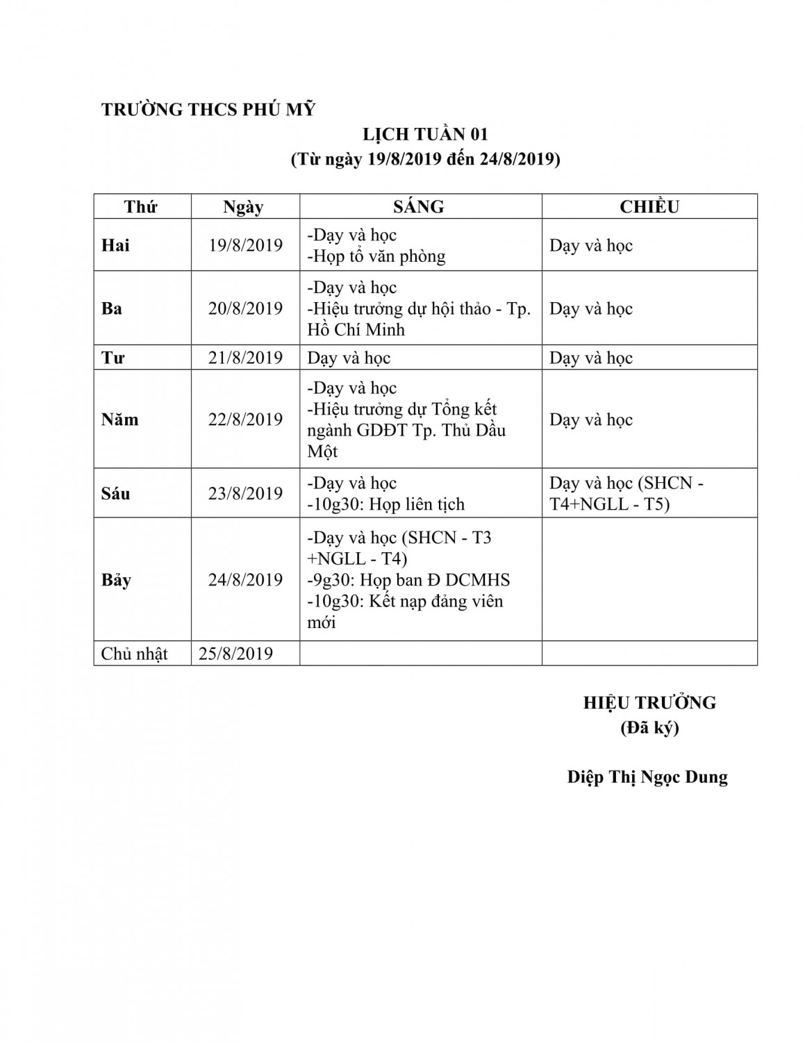 Lịch công tác tuần 1 (19/08/2019 - 24/8/2019)