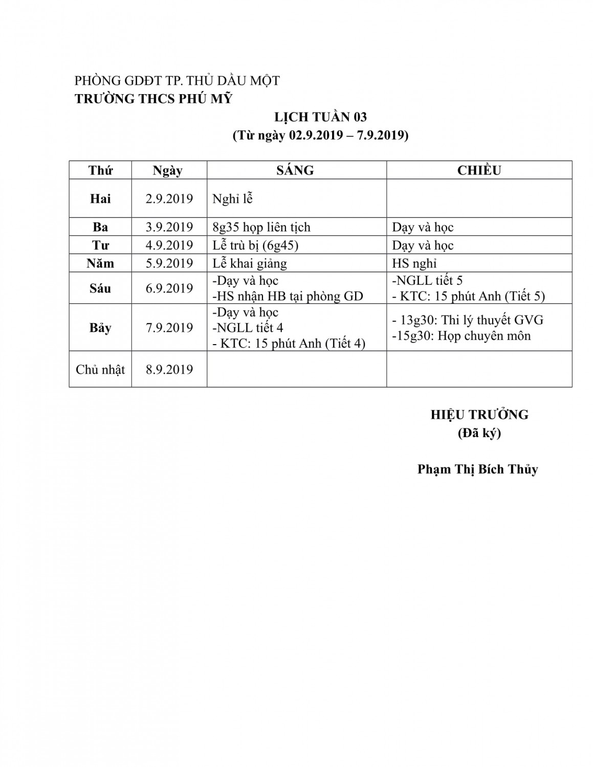 Lịch tuần 03,  NH: 2019 - 2020