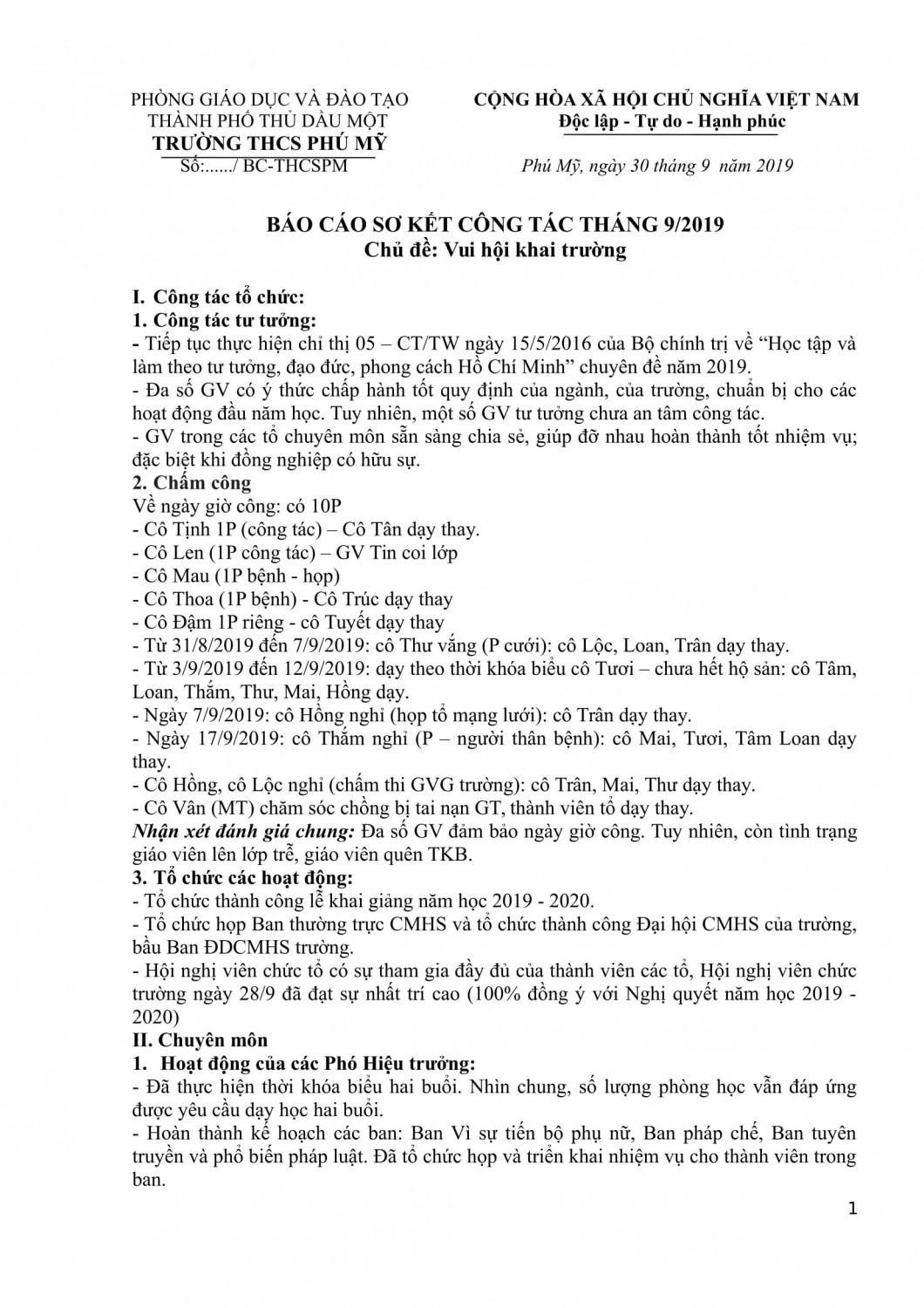 Báo cáo sơ kết công tác  tháng 9