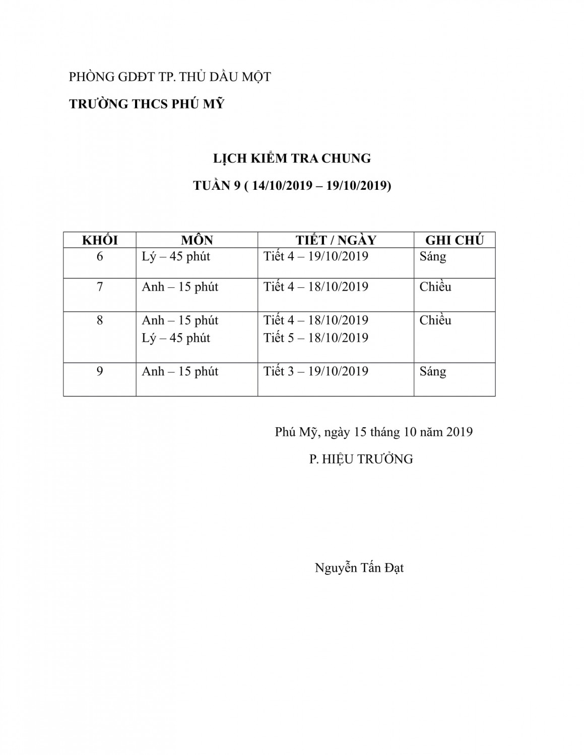 Lịch kiểm tra chung tuần 9 (Từ ngày 14.10.2019 đến 19.10.2019)
