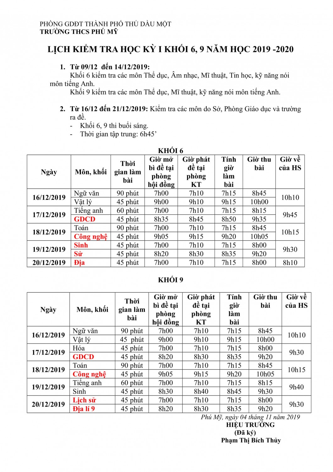 LỊCH KIỂM TRA HỌC KỲ I NAM HOC 2019 2020 1