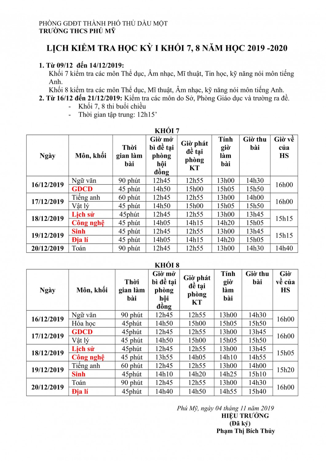 LỊCH KIỂM TRA HỌC KỲ I NAM HOC 2019 2020 2