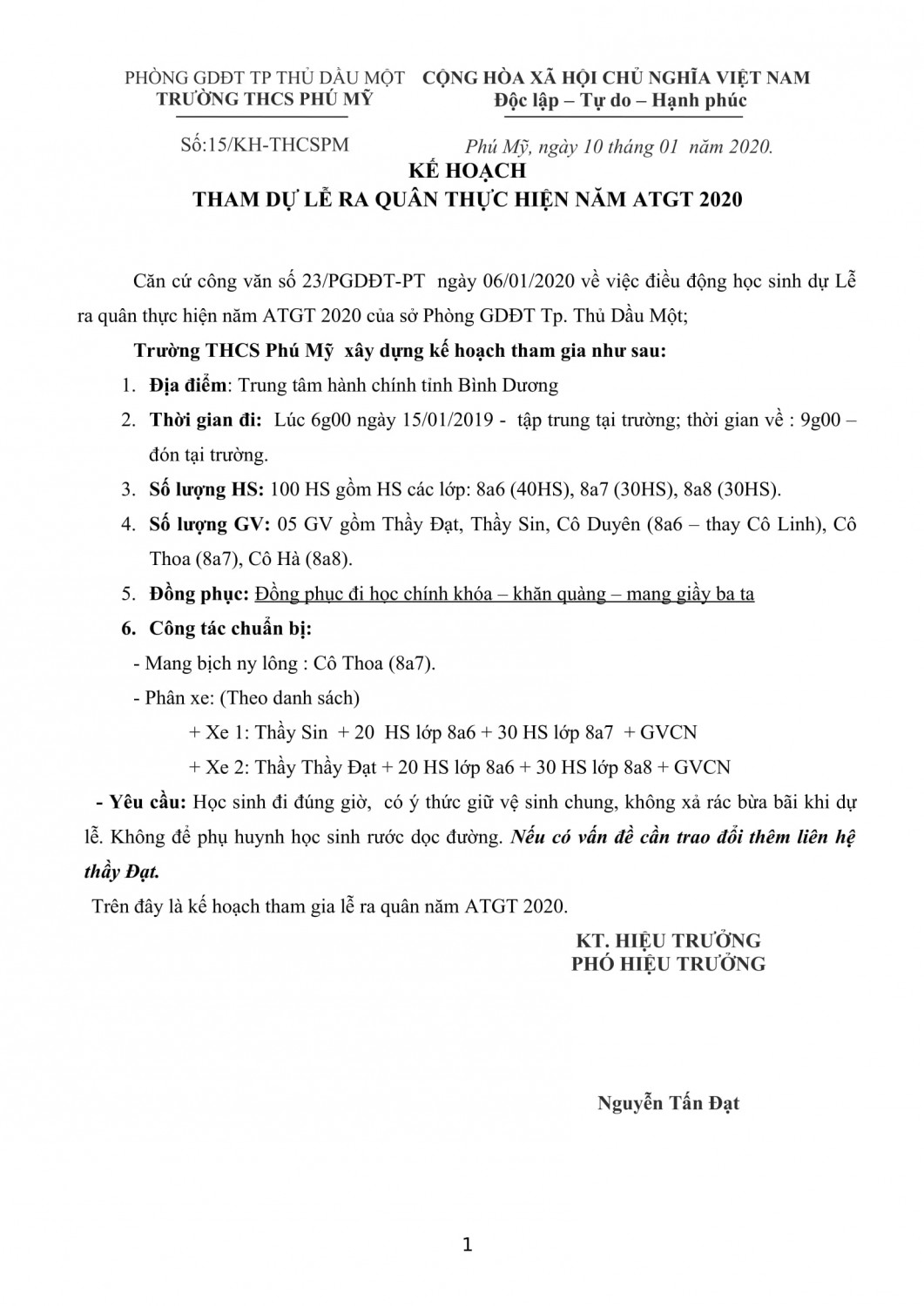 Kế hoạch tham gia lễ ra quân năm ATGT 2020