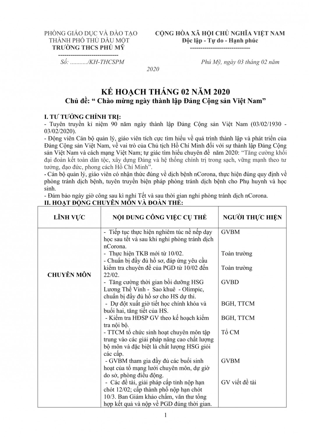 KẾ HOẠCH THÁNG 2 2020 1