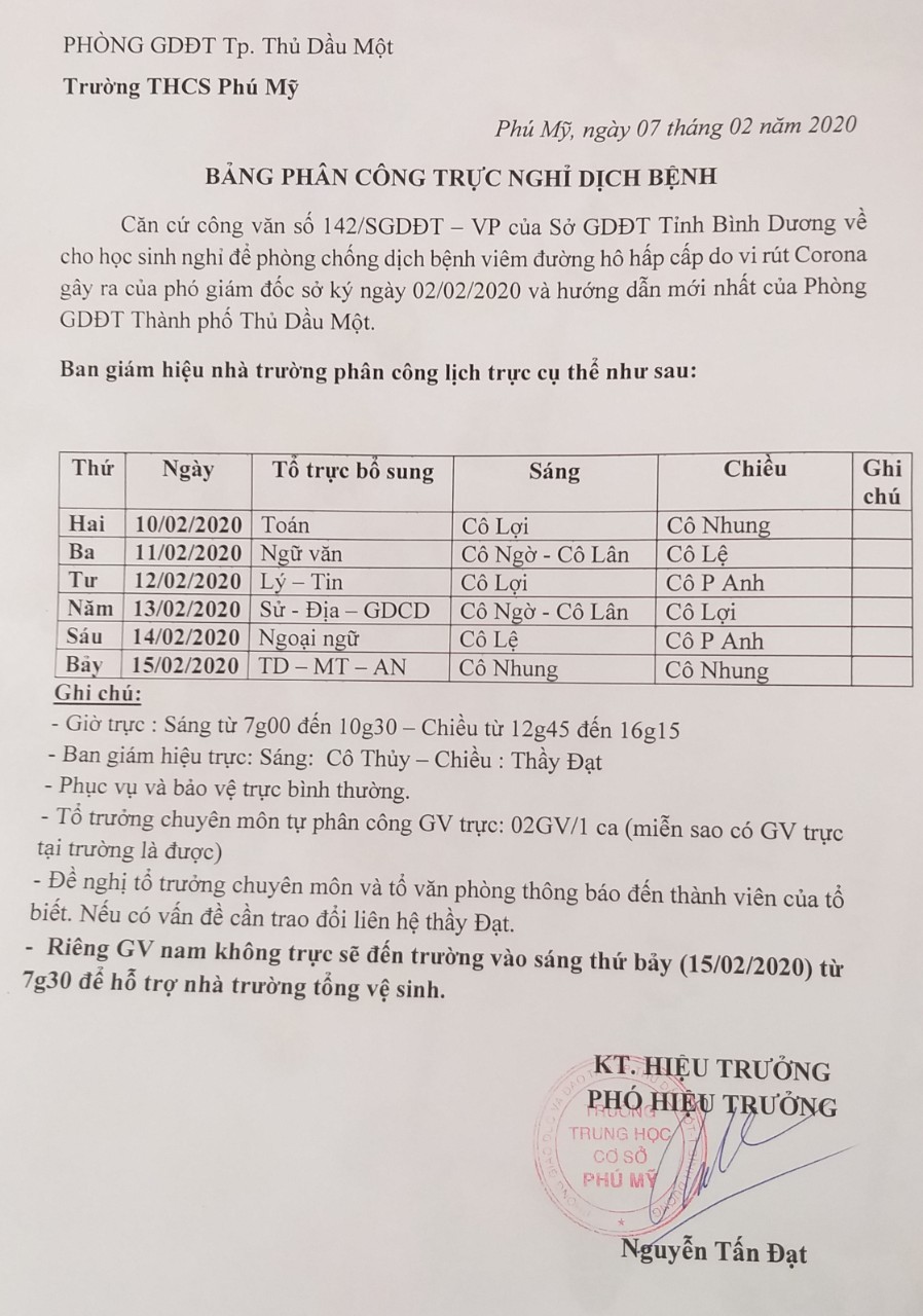 Lịch trực trường từ ngày 10/02/2020 đến 15/02/2020