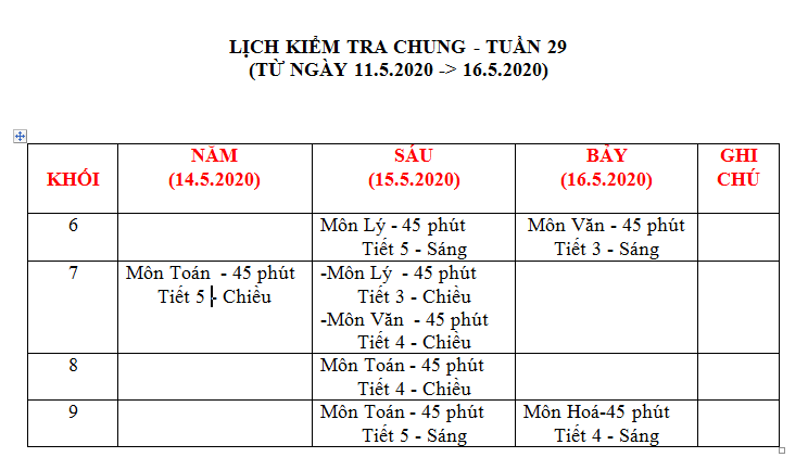 LỊCH KIEM TRA CHUNG TUAN 29 (11 5 2020 DEN 16 5 2020)