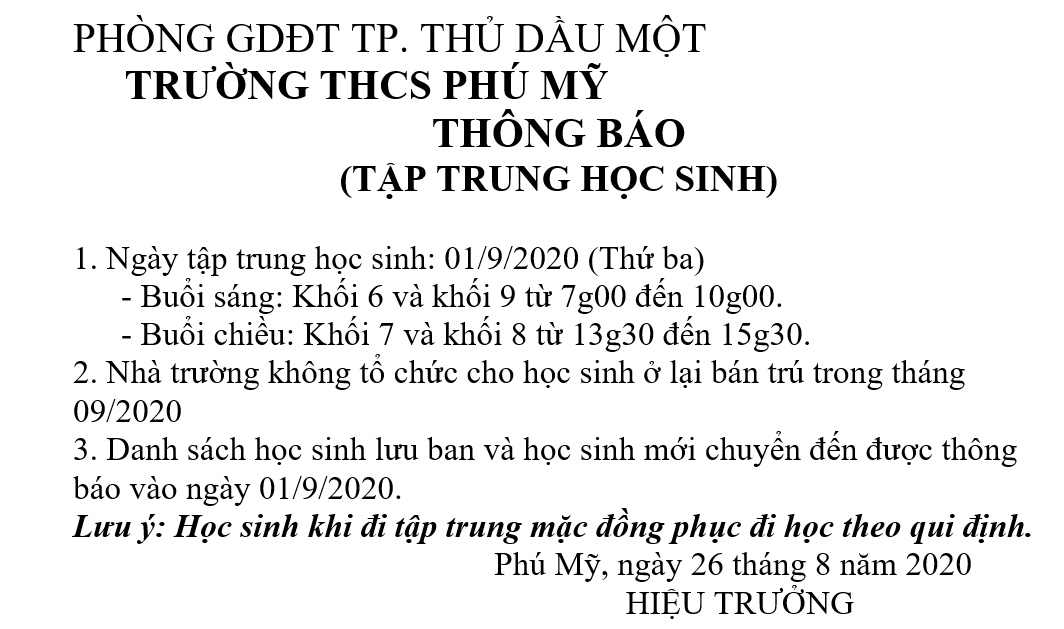 Thông báo tập trung học sinh năm học 2020 - 2021