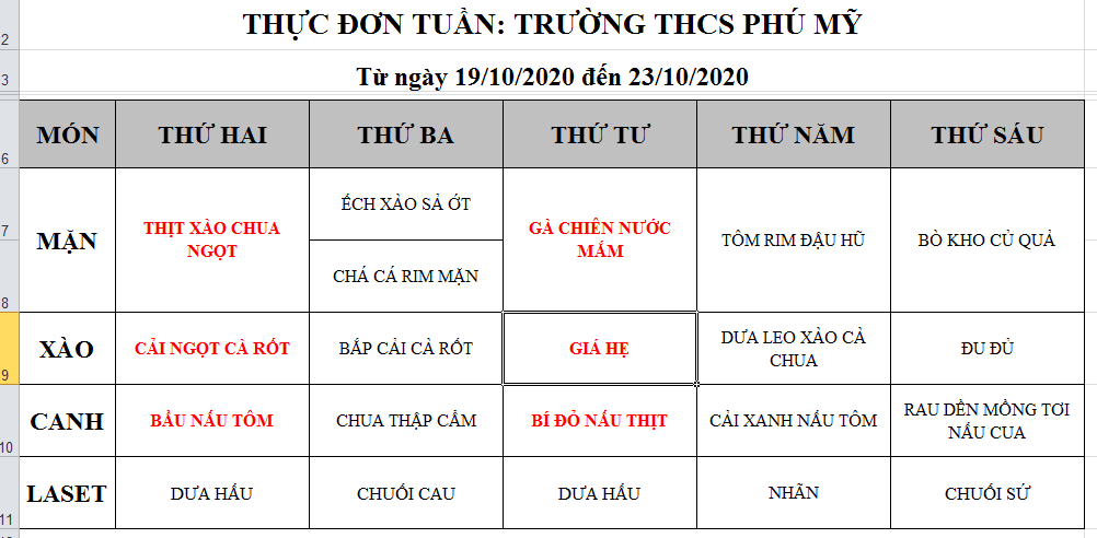 Thực đơn bán trú tuần 7