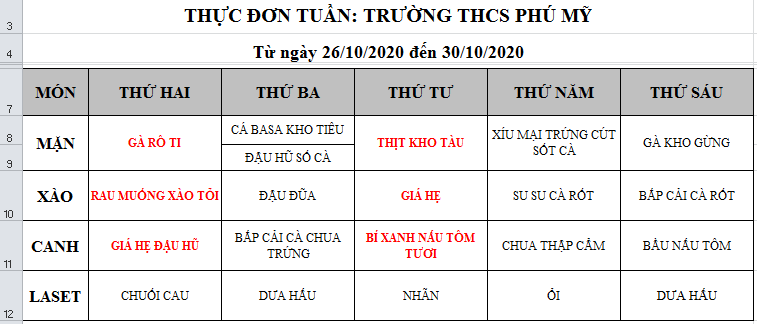 Thực đơn bán trú tuần 8 - từ ngày 26.10.2020