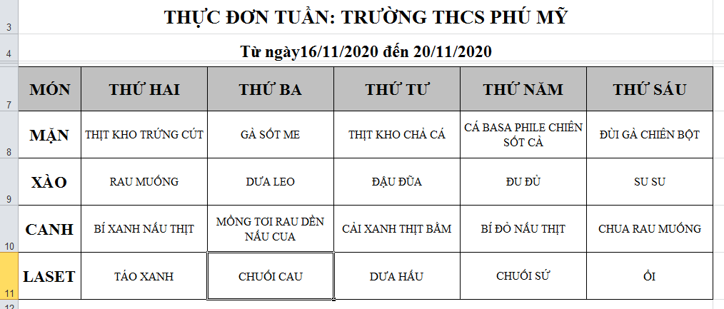 Thực đơn bán trú tuần 11