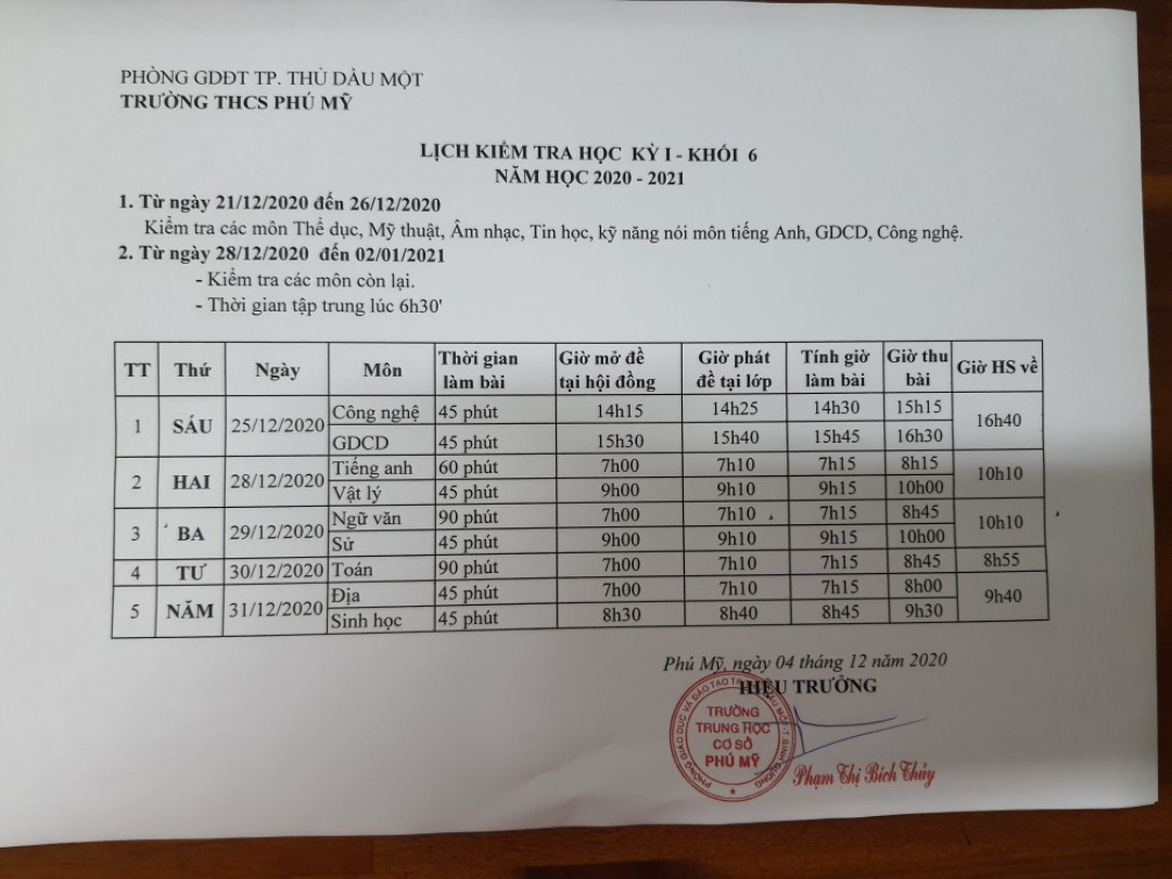 Lịch thi học kỳ I - Năm học 2020 - 2021