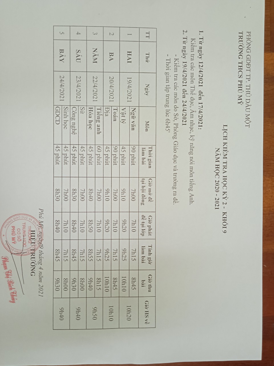 Lịch kiểm tra cuối học kỳ 2  - khối 9 , năm học 2020 - 2021