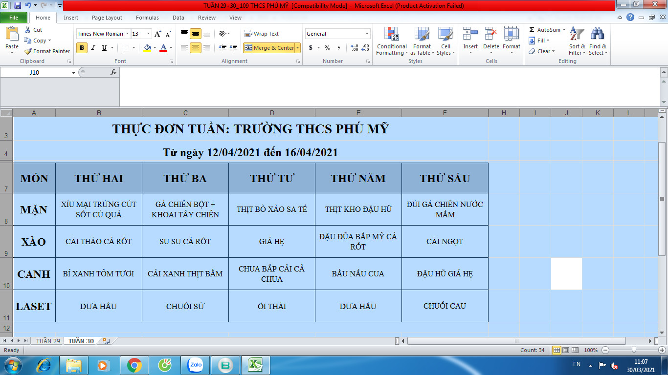 Thực đơn bán trú từ ngày 12.4.2021  đến 16.4.2021