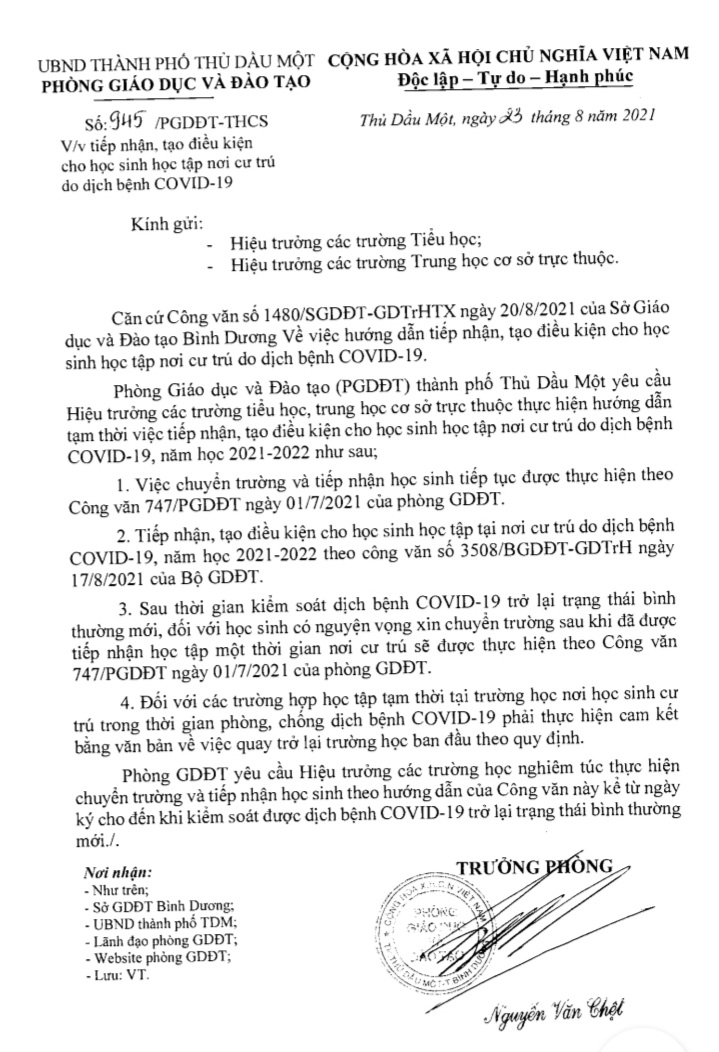 Công văn số 945/PGDĐT-THCS của phòng GDĐT thành phố Thủ Dầu Một về việc tiếp nhận, tạo điều kiện cho học sinh học tập nơi cư trú do dịch bệnh COVID-19