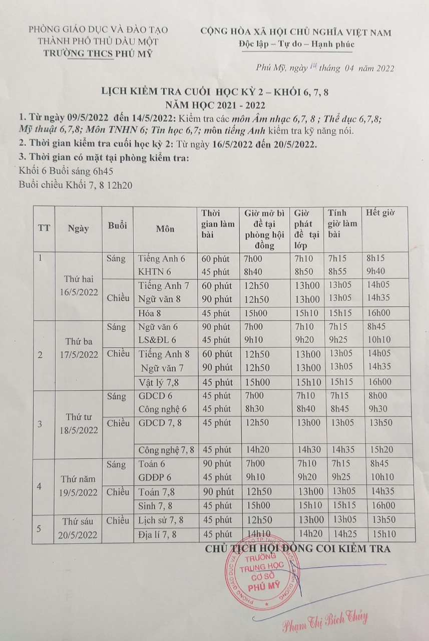 Lịch kiểm tra cuối học kỳ 2, năm học 2021 - 2022