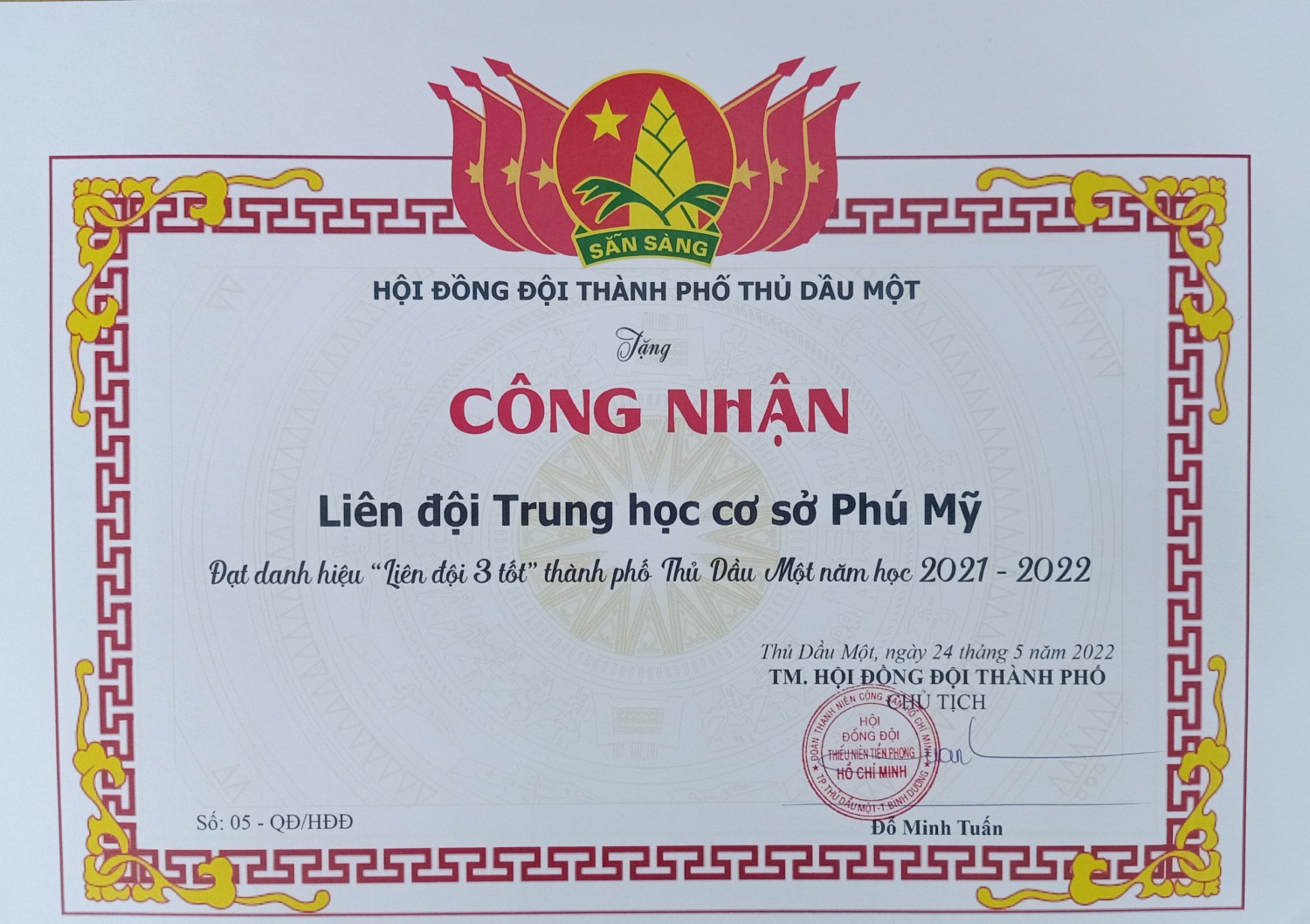 Liên Đội trường THCS Phú Mỹ đạt danh hiệu "Liên đội 3 tốt"