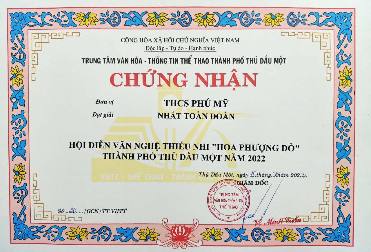 Trường THCS Phú Mỹ đạt giải nhất toàn đoàn Hội diễn văn nghệ thiếu nhi “Hoa phượng đỏ”và Giải khuyến khích toàn đoàn “Giải thưởng Mỹ thuật thiếu nhi”, giải khuyến khích toàn đoàn Hội thi thiếu nhi kể chuyện theo sách.