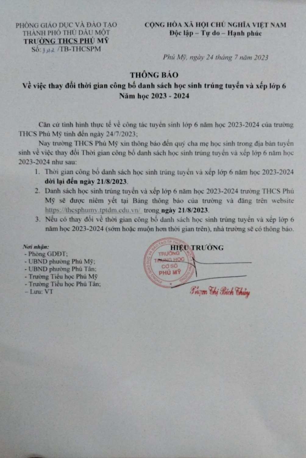 thong bao lop 6
